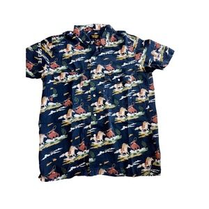Seager Western Buffalo Print Shirt Mens Small Navy Blue Linen Blend Pearl Snap